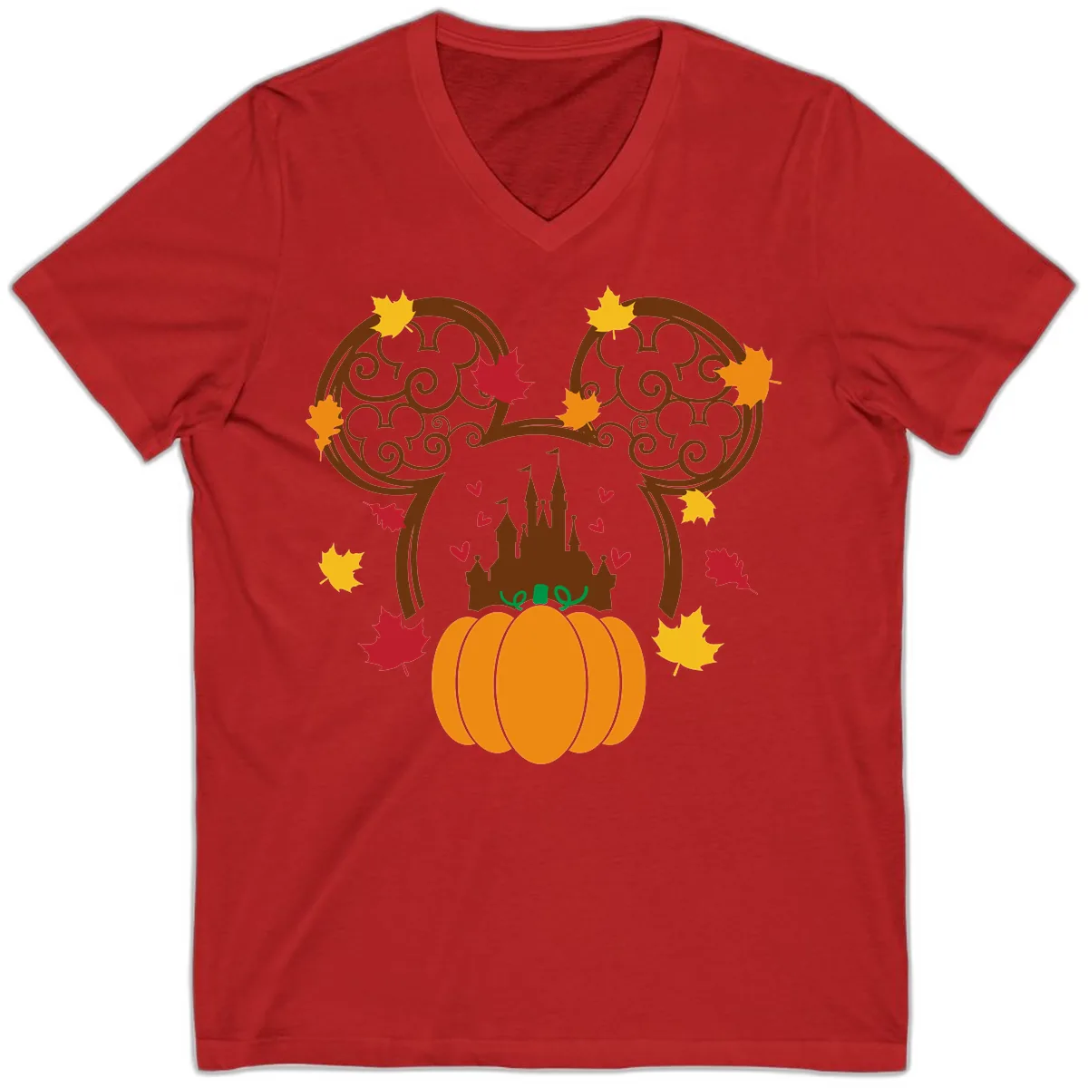 Mickey Pumpkin Castle Fall Design V-Neck in Red