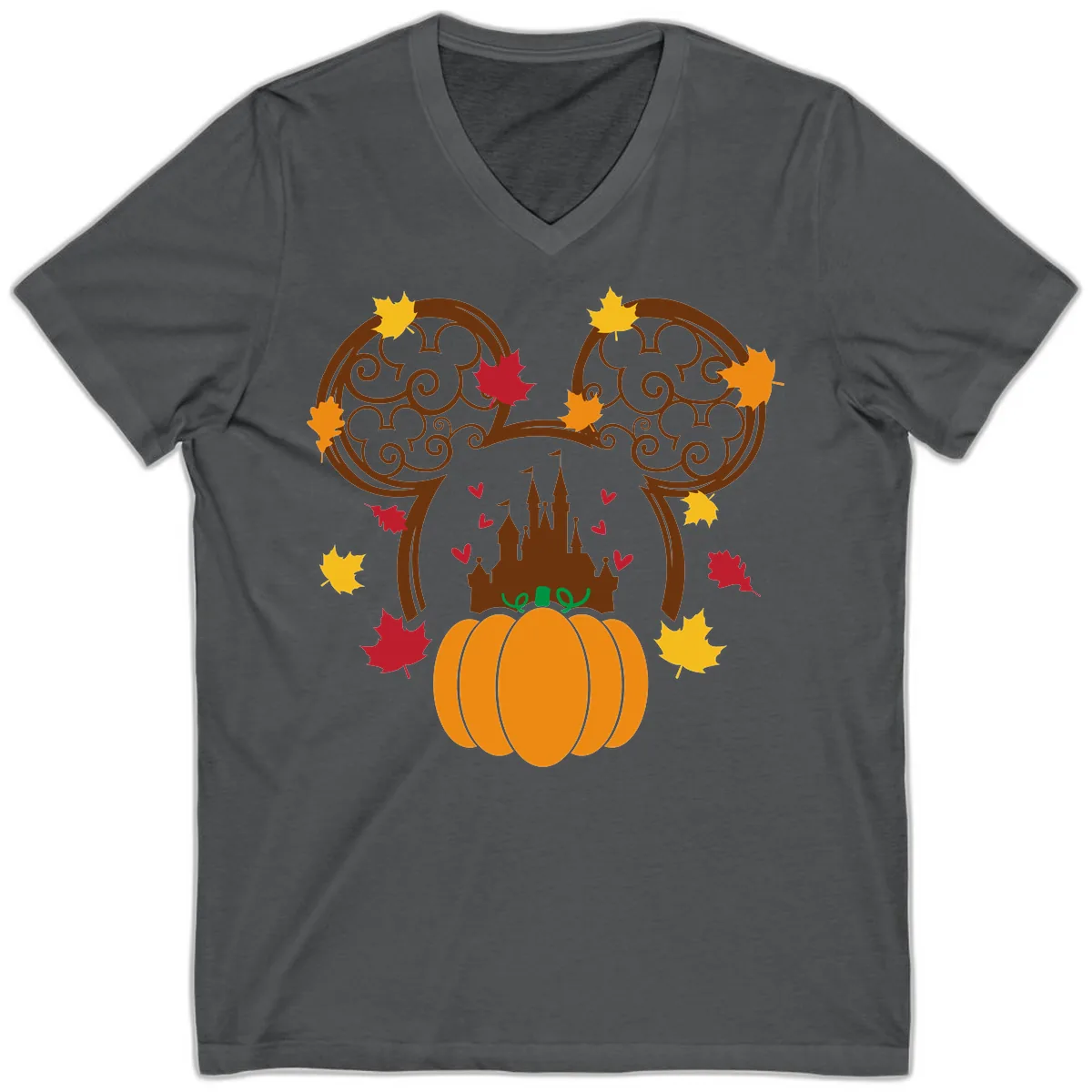 Mickey Pumpkin Castle Fall Design V-Neck in Asphalt