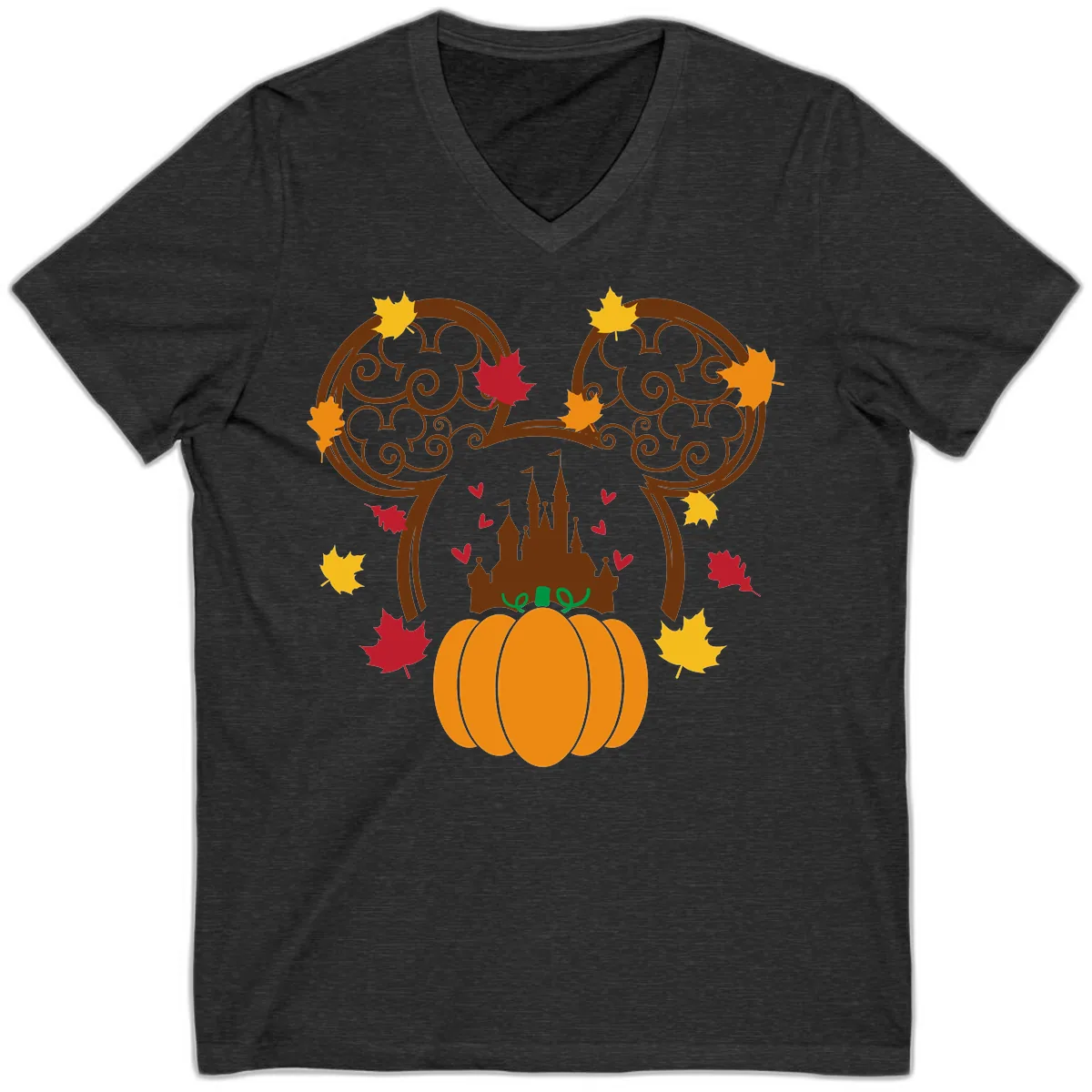 Mickey Pumpkin Castle Fall Design V-Neck in Dark Grey Heather