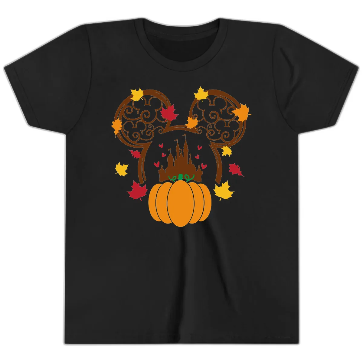 Mickey Pumpkin Castle Fall Design Youth T-Shirt in Black