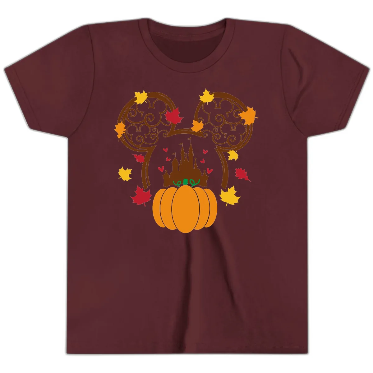 Mickey Pumpkin Castle Fall Design Youth T-Shirt in Maroon