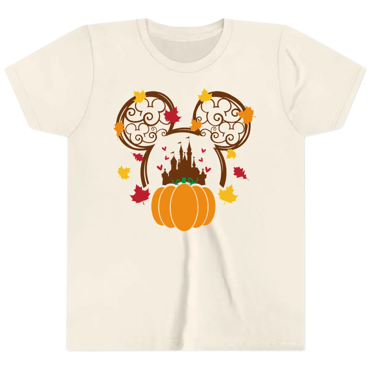 Mickey Pumpkin Castle Fall Design Youth T-Shirt in Natural