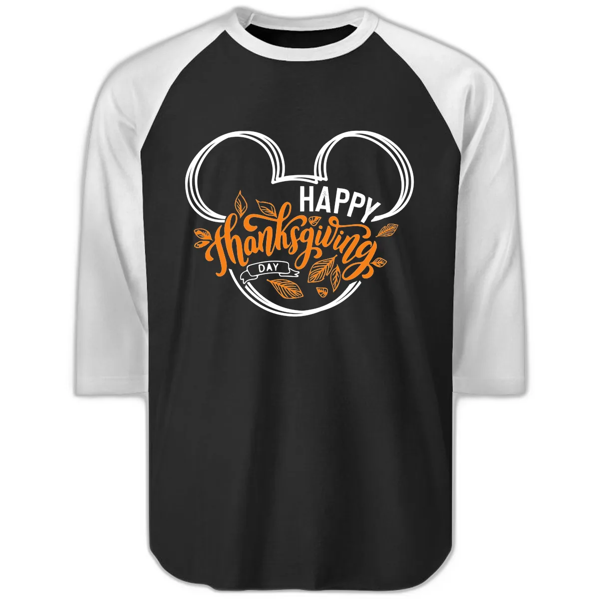 Mickey Ears Thanksgiving Day Celebration Raglan 3/4 in Black White