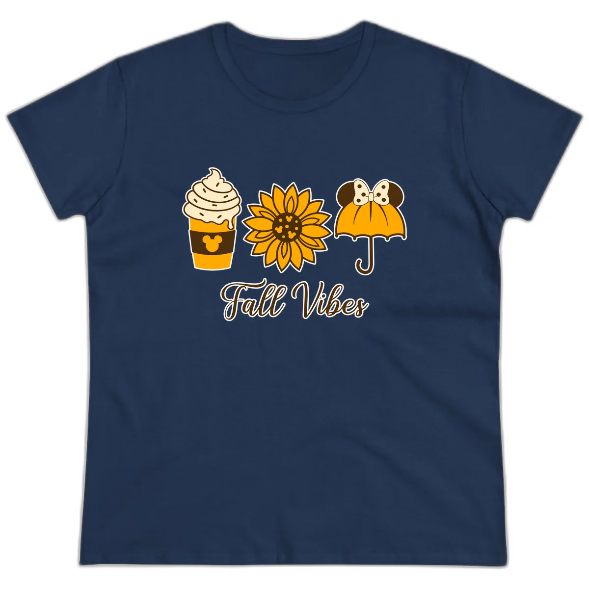 Fall Vibes Coffee And Sunflower Ladies Tee in Navy