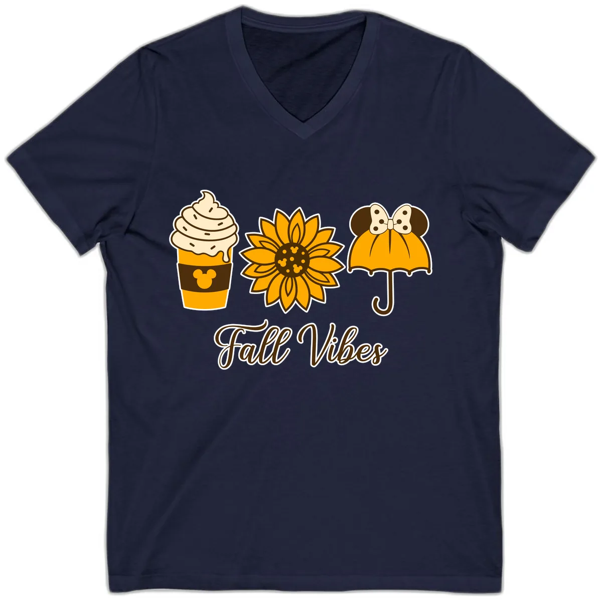 Fall Vibes Coffee And Sunflower V-Neck in Navy