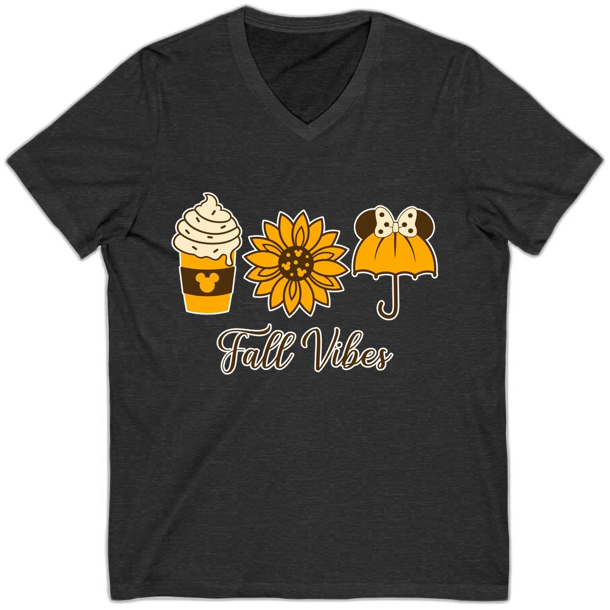 Fall Vibes Coffee And Sunflower V-Neck in Dark Grey Heather