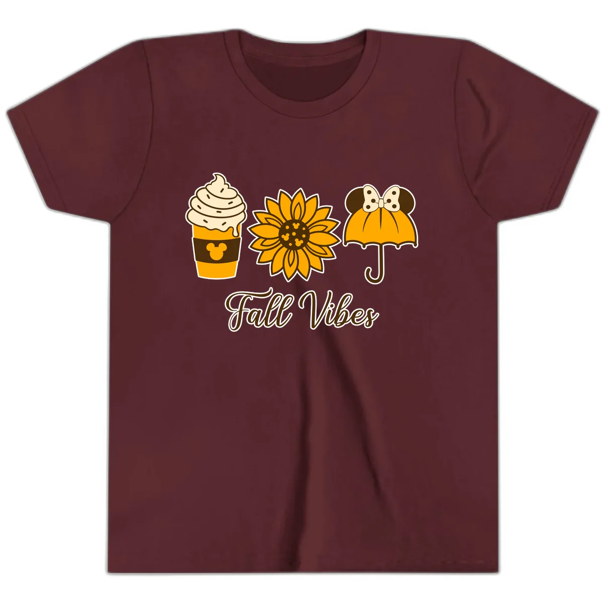Fall Vibes Coffee And Sunflower Youth T-Shirt in Maroon