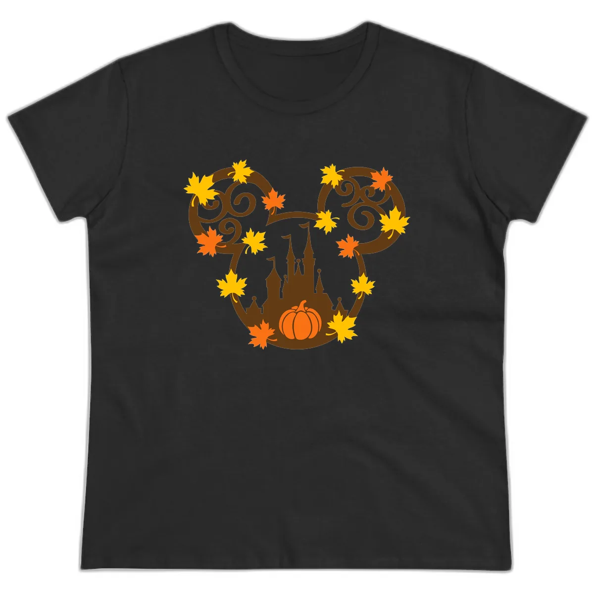 Mickey Autumn Castle Thanksgiving Ladies Tee in Black