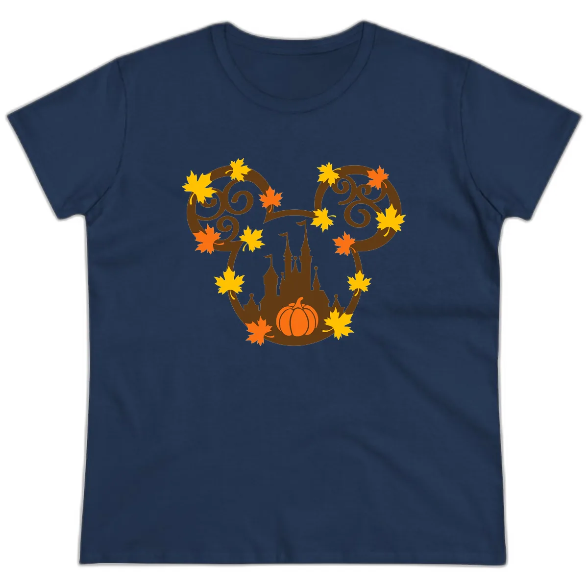 Mickey Autumn Castle Thanksgiving Ladies Tee in Navy