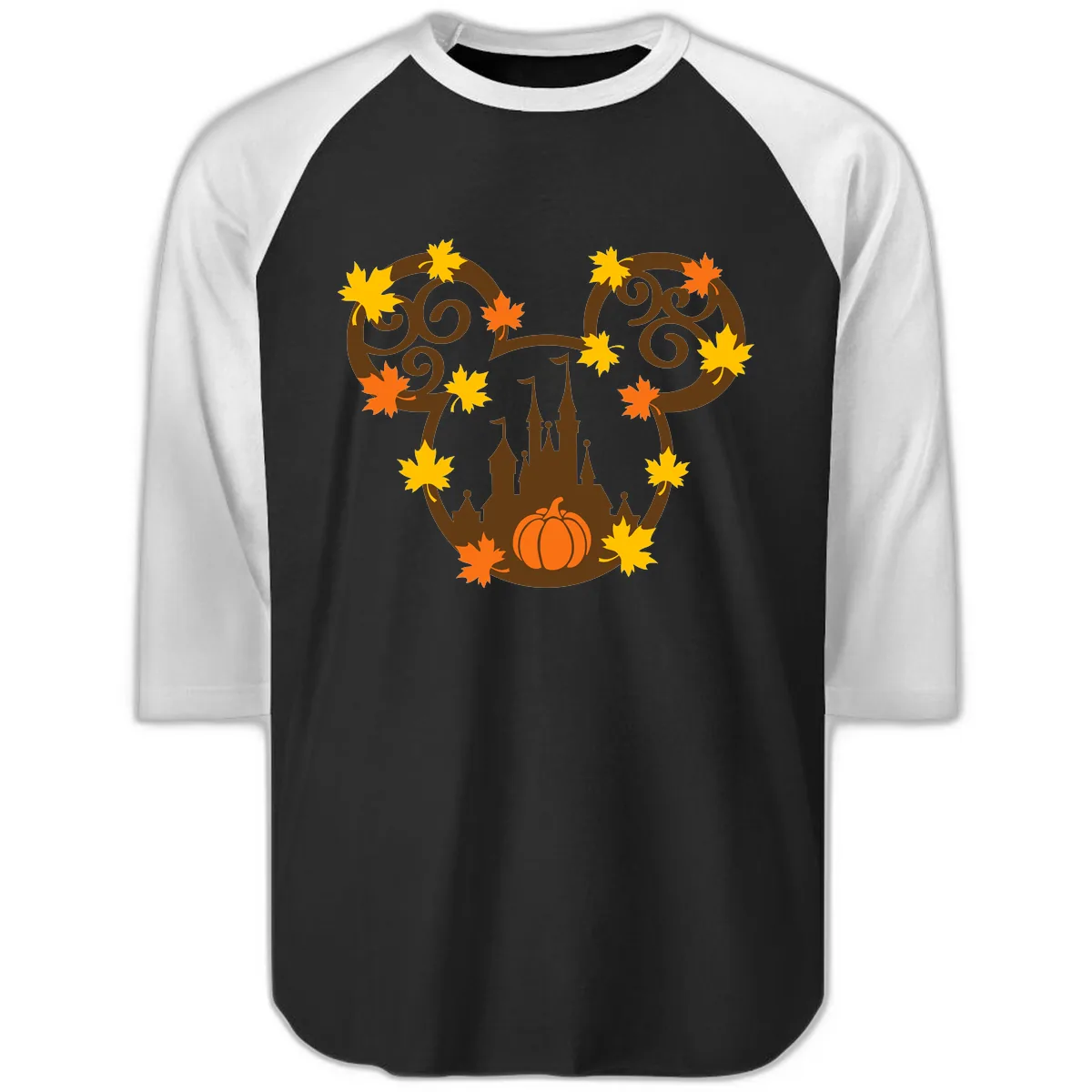 Mickey Autumn Castle Thanksgiving Raglan 3/4 in Black White
