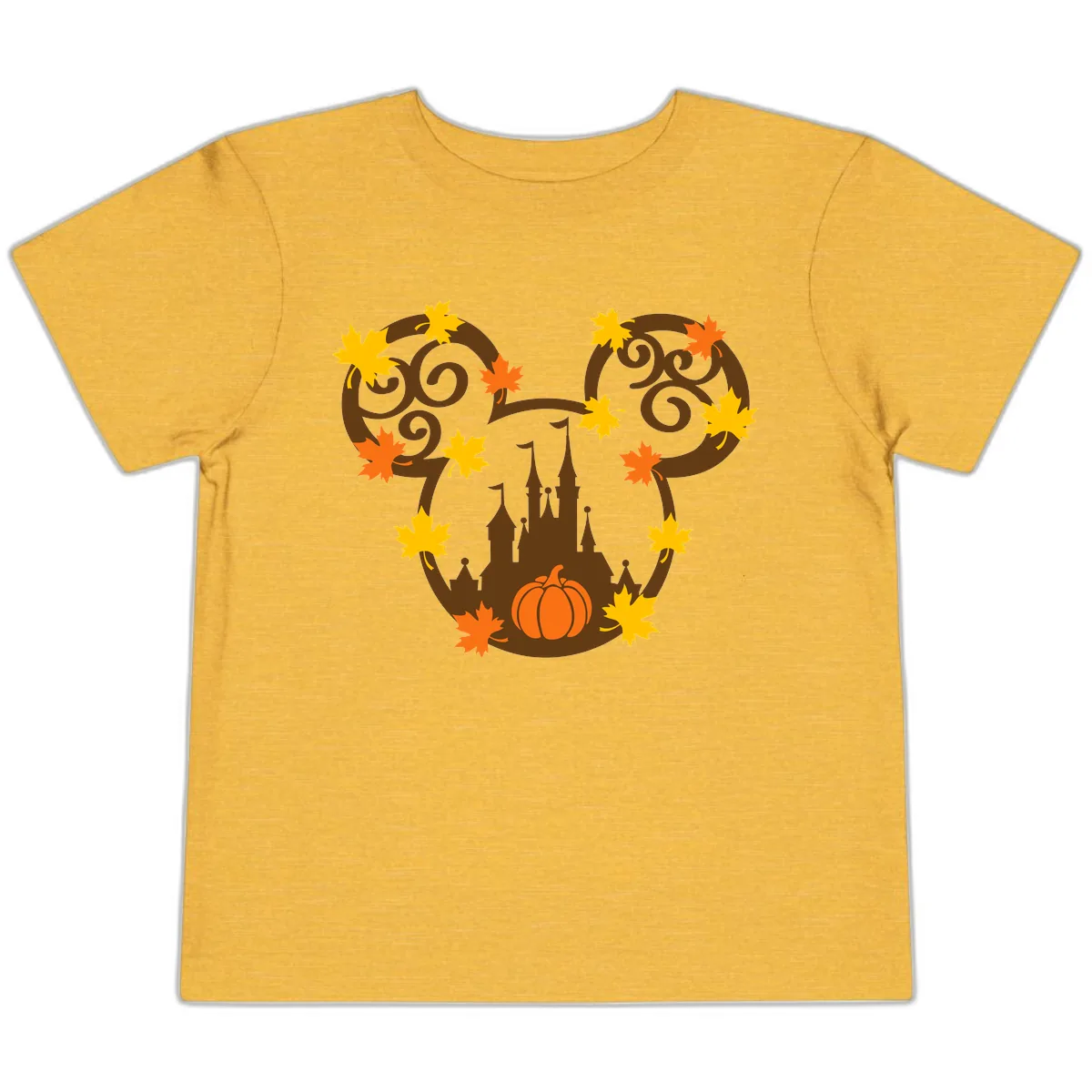Mickey Autumn Castle Thanksgiving Toddler T-Shirt in Heather Yellow Gold