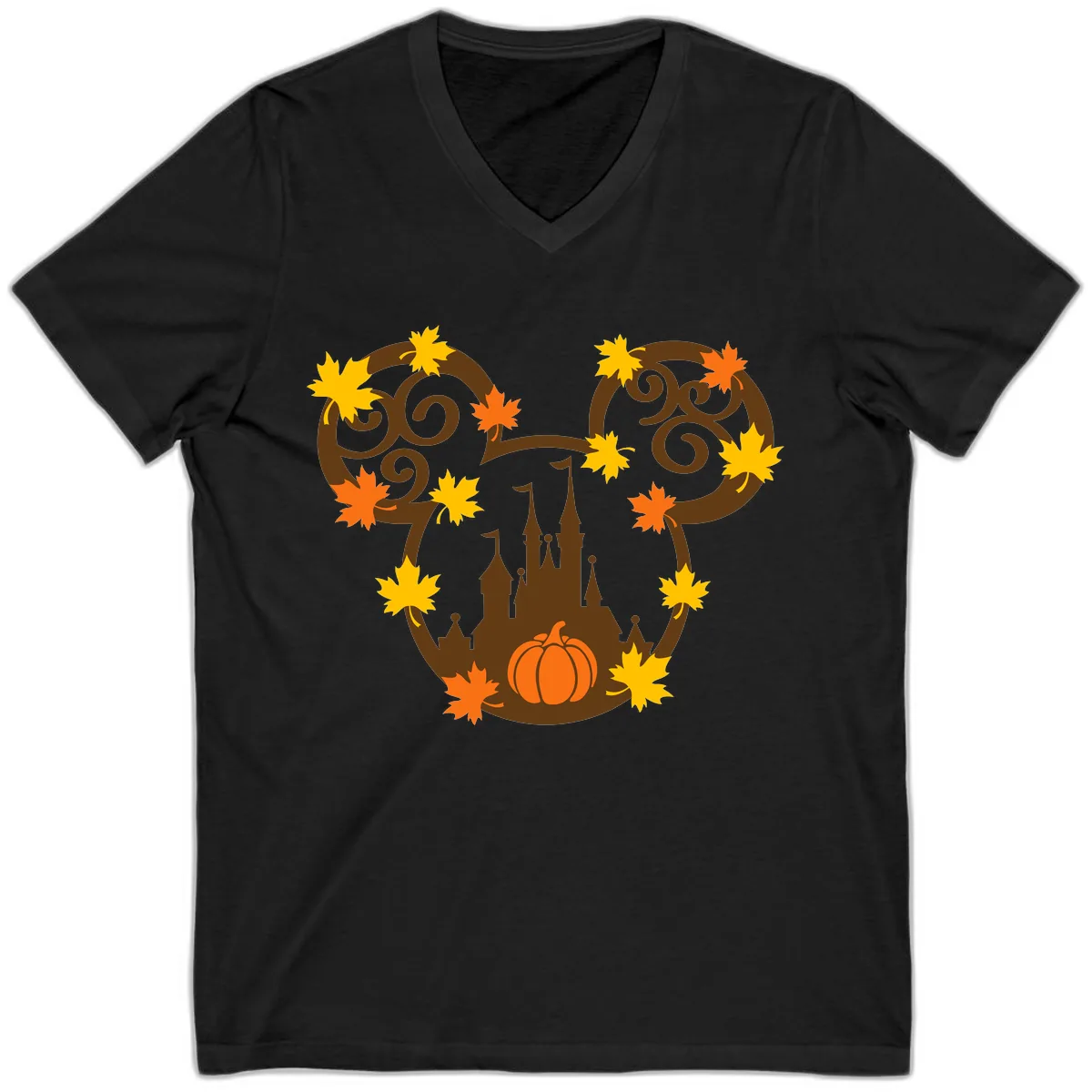 Mickey Autumn Castle Thanksgiving V-Neck in Black