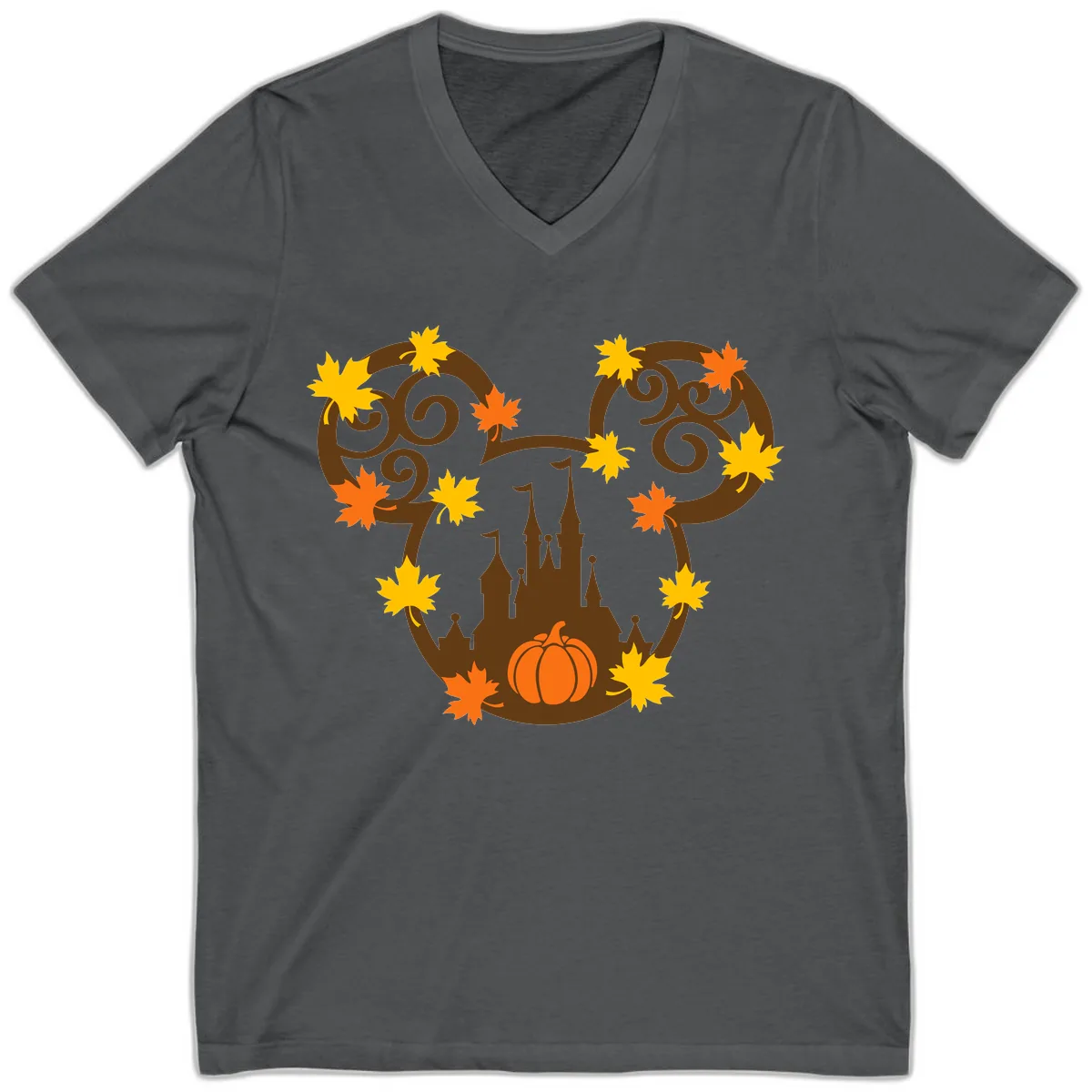 Mickey Autumn Castle Thanksgiving V-Neck in Asphalt