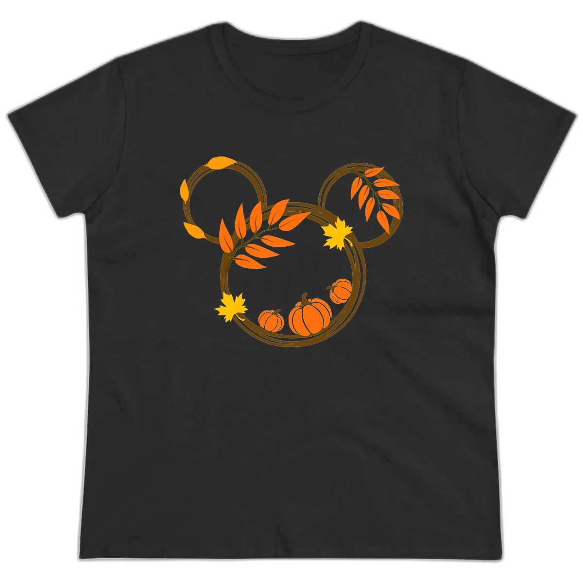 Mickey Autumn Leaves And Pumpkins Ladies Tee in Black