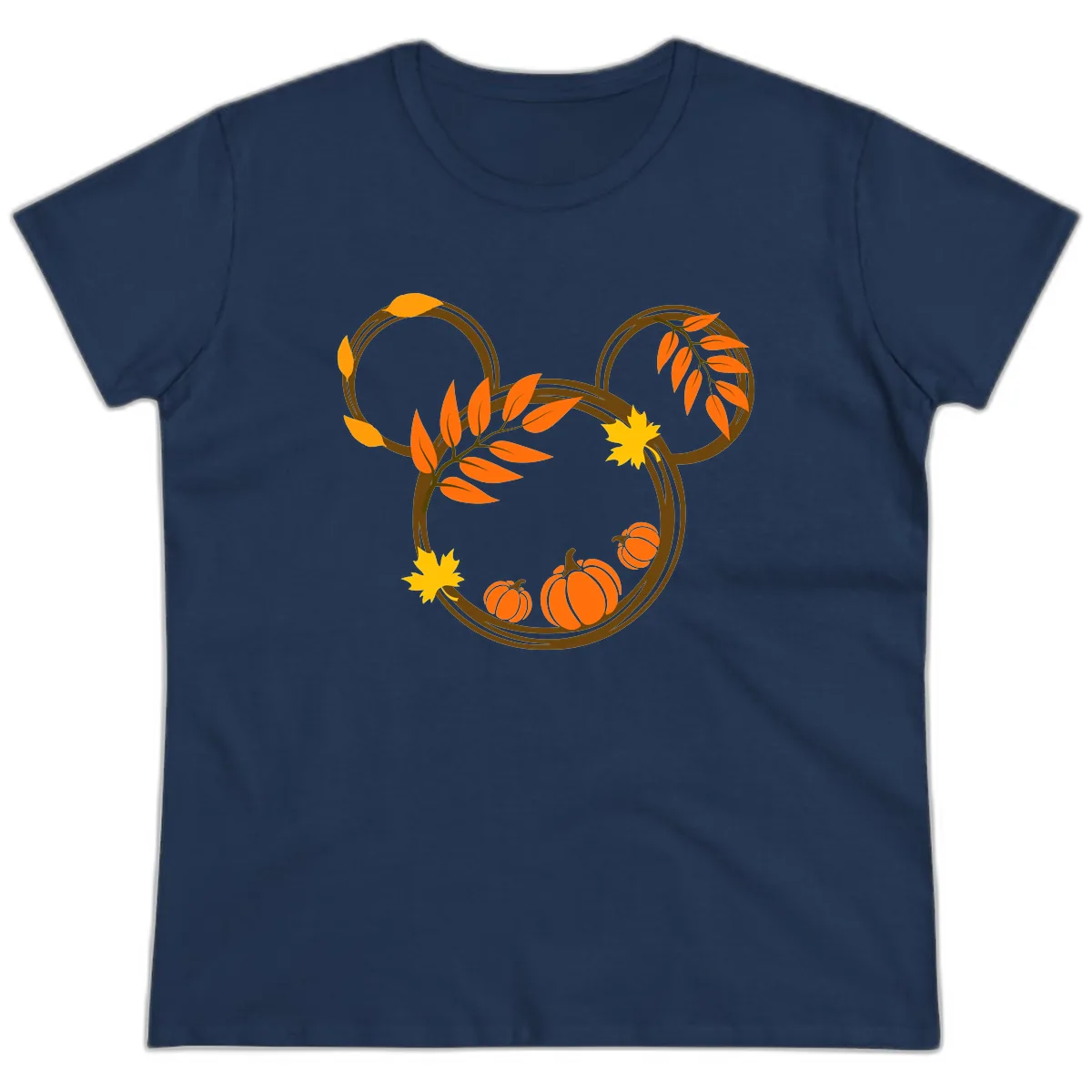 Mickey Autumn Leaves And Pumpkins Ladies Tee in Navy