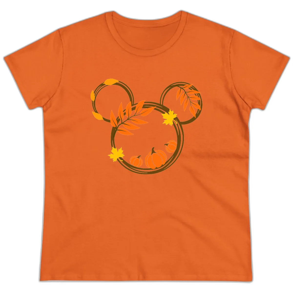 Mickey Autumn Leaves And Pumpkins Ladies Tee in Orange