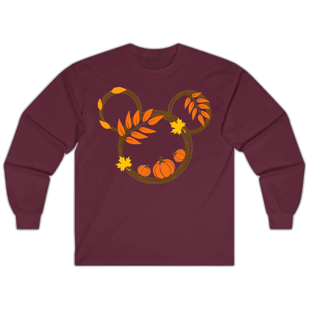 Mickey Autumn Leaves And Pumpkins Long Sleeve in Maroon