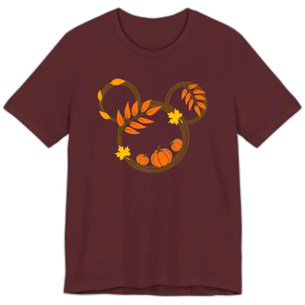 Mickey Autumn Leaves And Pumpkins Premium T-Shirt in Maroon