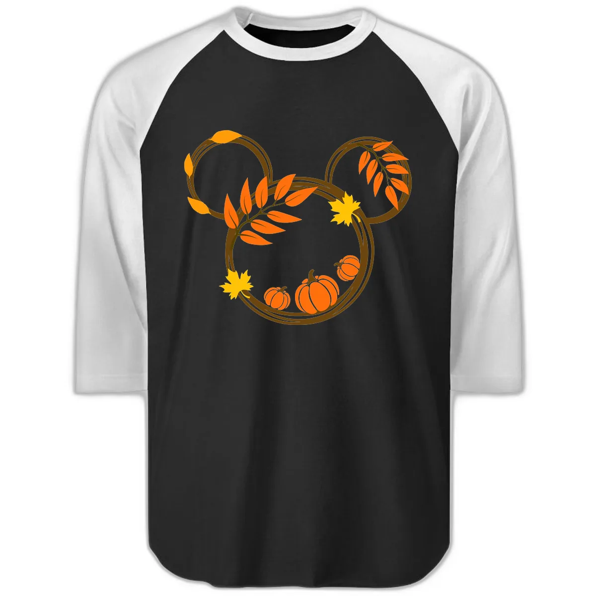 Mickey Autumn Leaves And Pumpkins Raglan 3/4 in Black White