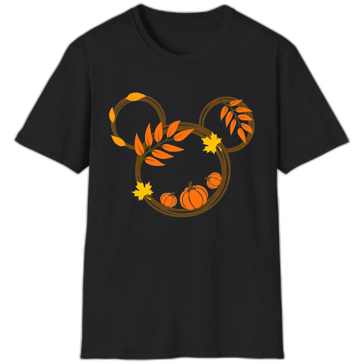 Mickey Autumn Leaves And Pumpkins T-Shirt in Black