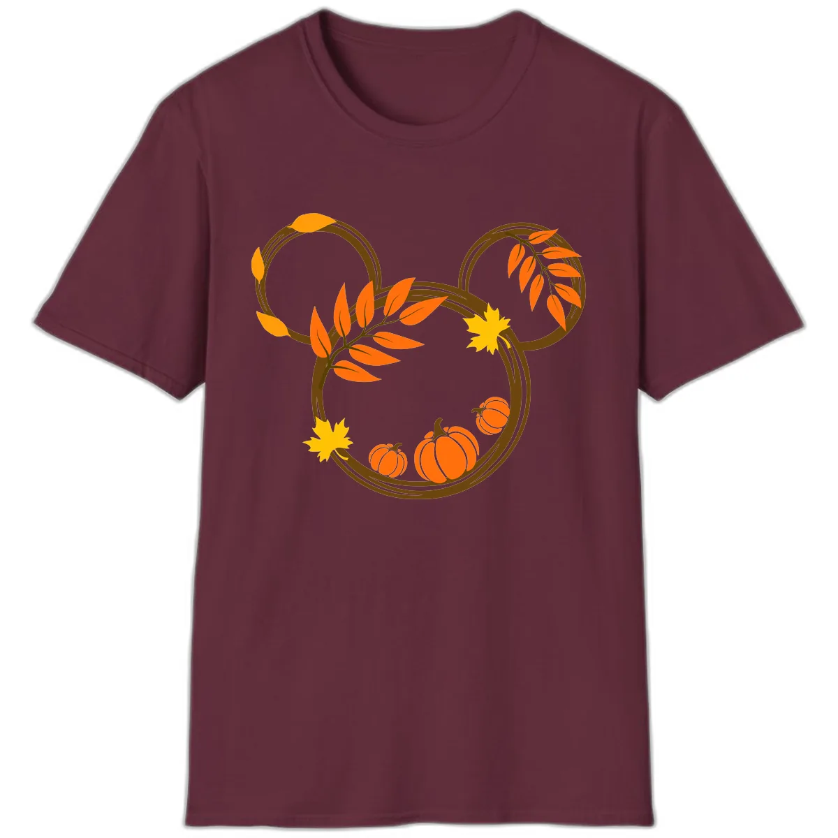 Mickey Autumn Leaves And Pumpkins T-Shirt in Maroon