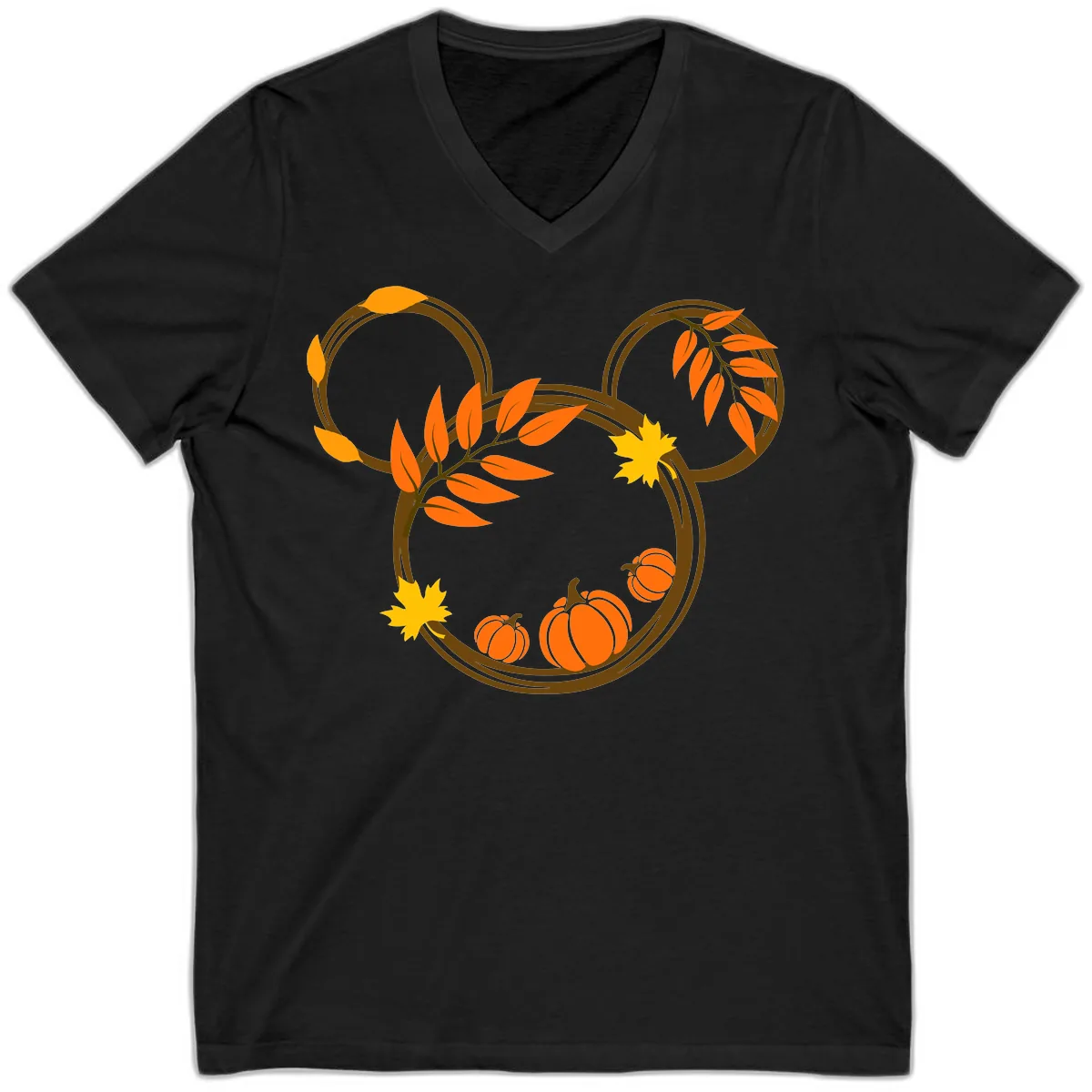 Mickey Autumn Leaves And Pumpkins V-Neck in Black