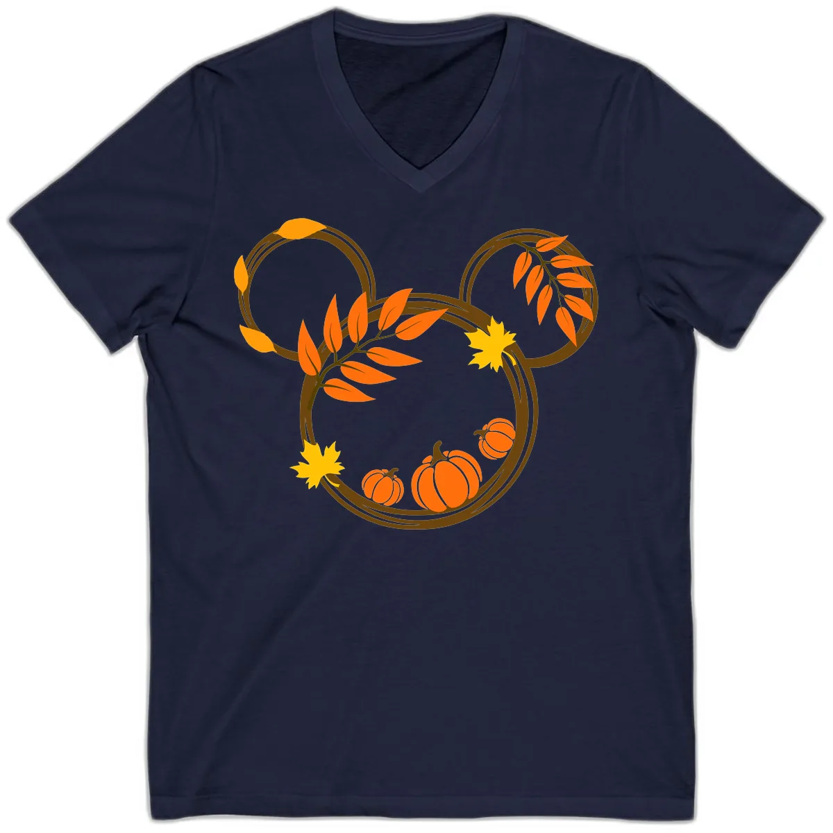 Mickey Autumn Leaves And Pumpkins V-Neck in Navy