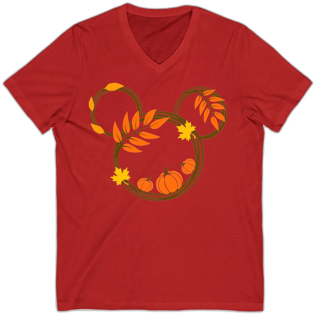 Mickey Autumn Leaves And Pumpkins V-Neck in Red