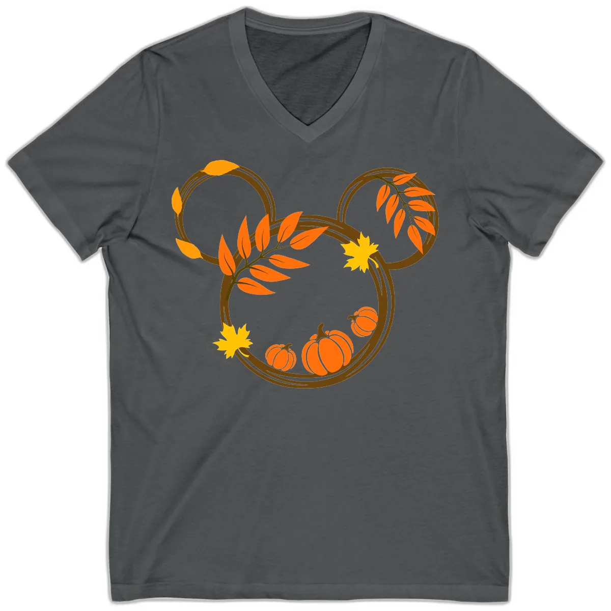 Mickey Autumn Leaves And Pumpkins V-Neck in Asphalt