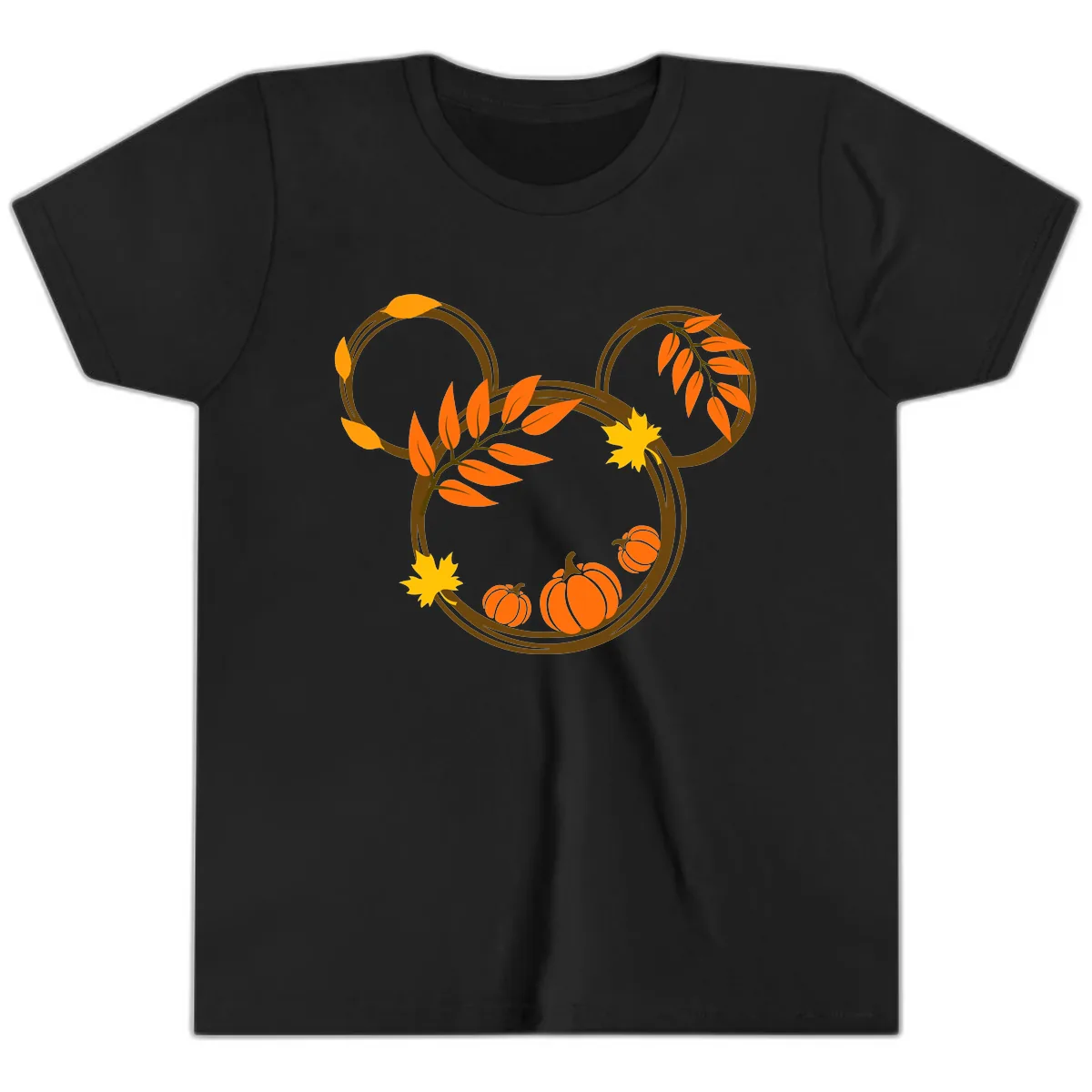 Mickey Autumn Leaves And Pumpkins Youth T-Shirt in Black