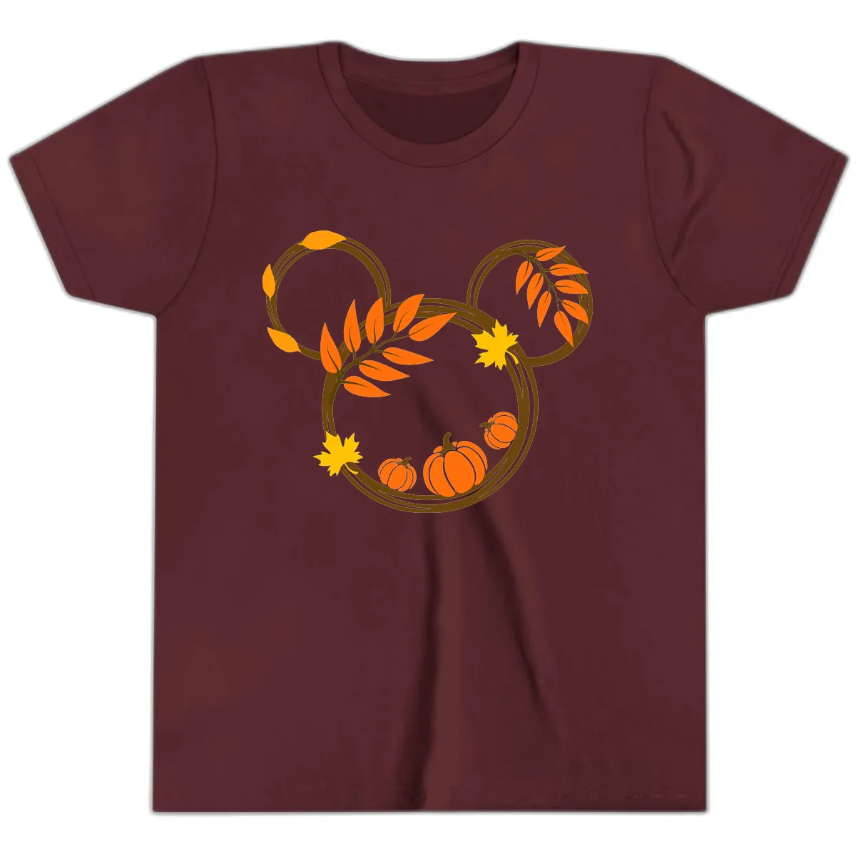 Mickey Autumn Leaves And Pumpkins Youth T-Shirt in Maroon