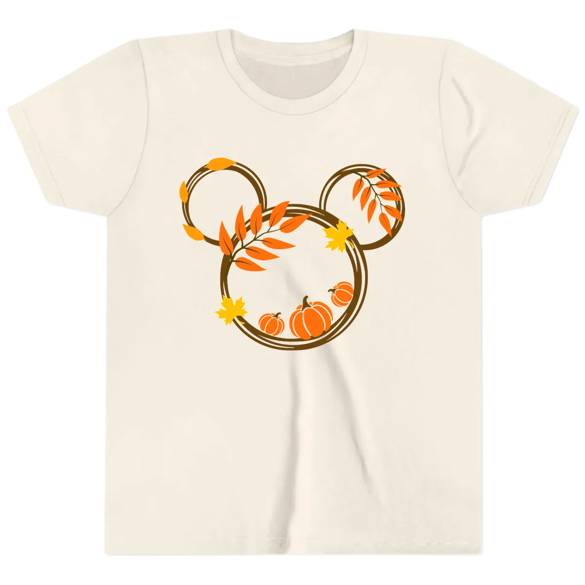Mickey Autumn Leaves And Pumpkins Youth T-Shirt in Natural