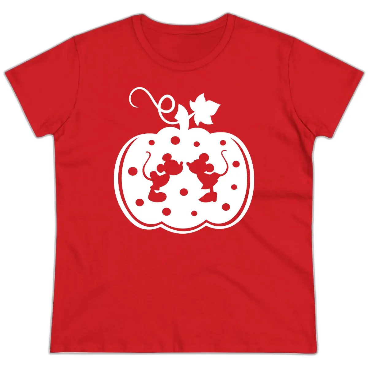 Mickey And Minnie Pumpkin Patch Ladies Tee in Red
