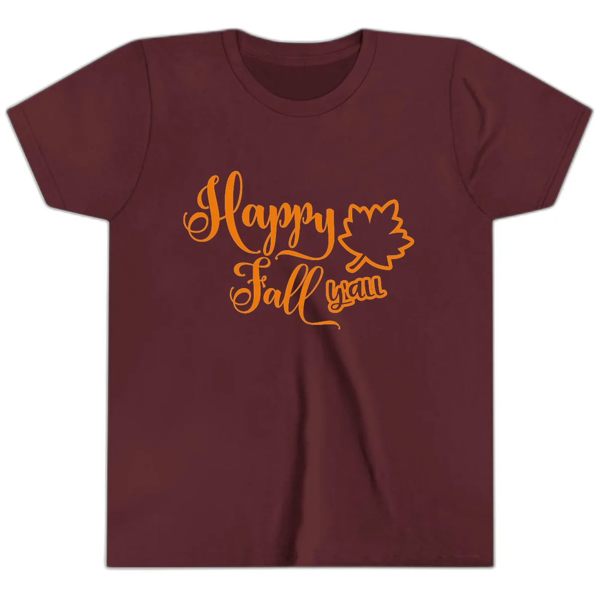 Happy Fall Y'all Autumn Leaf Youth T-Shirt in Maroon