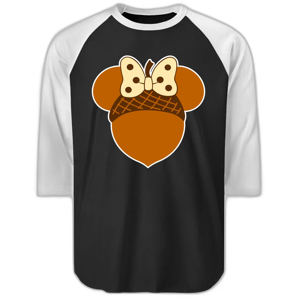 Acorn Mouse Ears Thanksgiving Design Raglan 3/4 in Black White