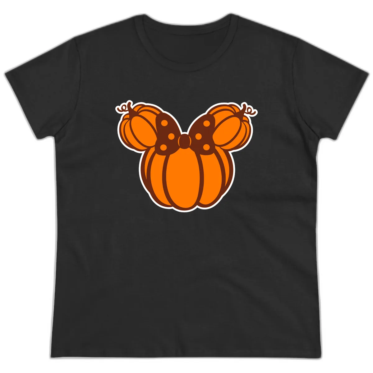 Mickey Pumpkin Bow Halloween Design Ladies Tee in Black