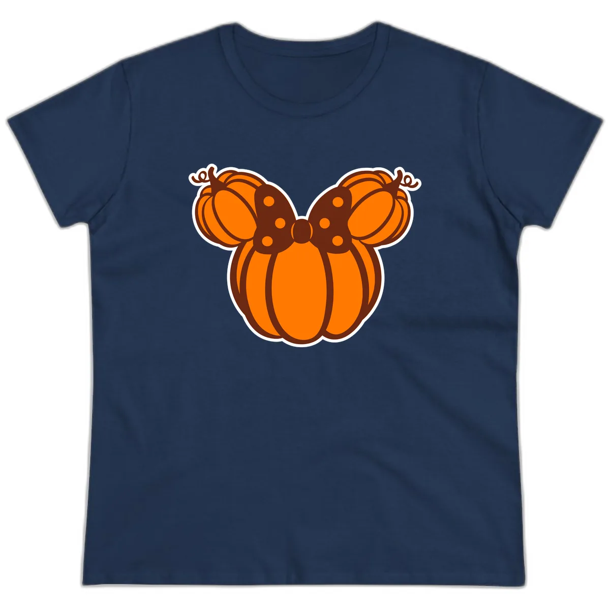 Mickey Pumpkin Bow Halloween Design Ladies Tee in Navy