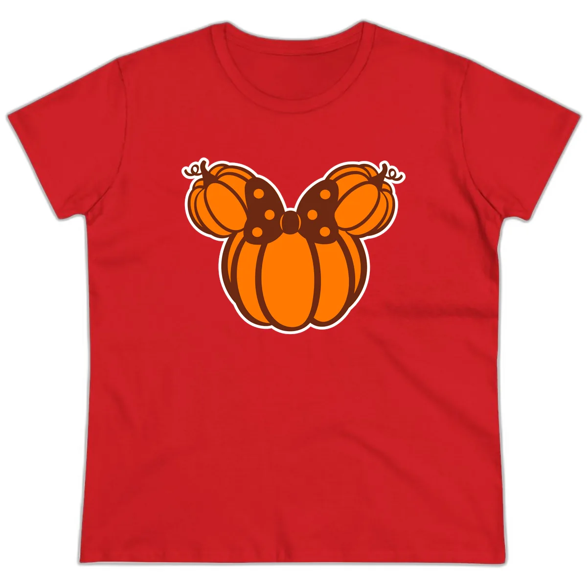Mickey Pumpkin Bow Halloween Design Ladies Tee in Red