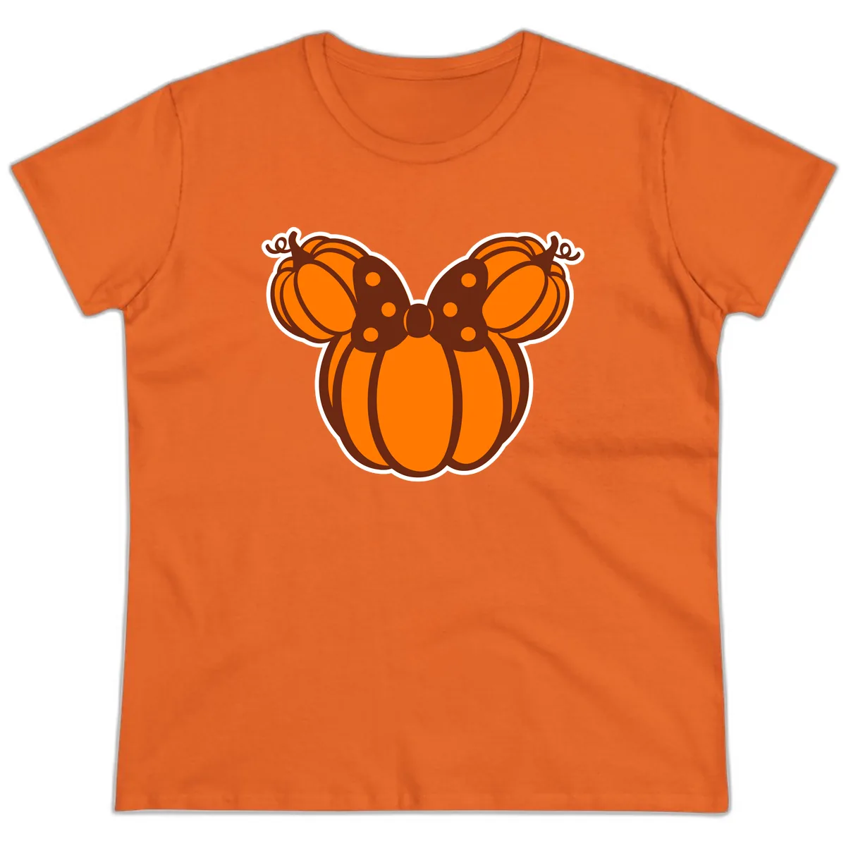 Mickey Pumpkin Bow Halloween Design Ladies Tee in Orange
