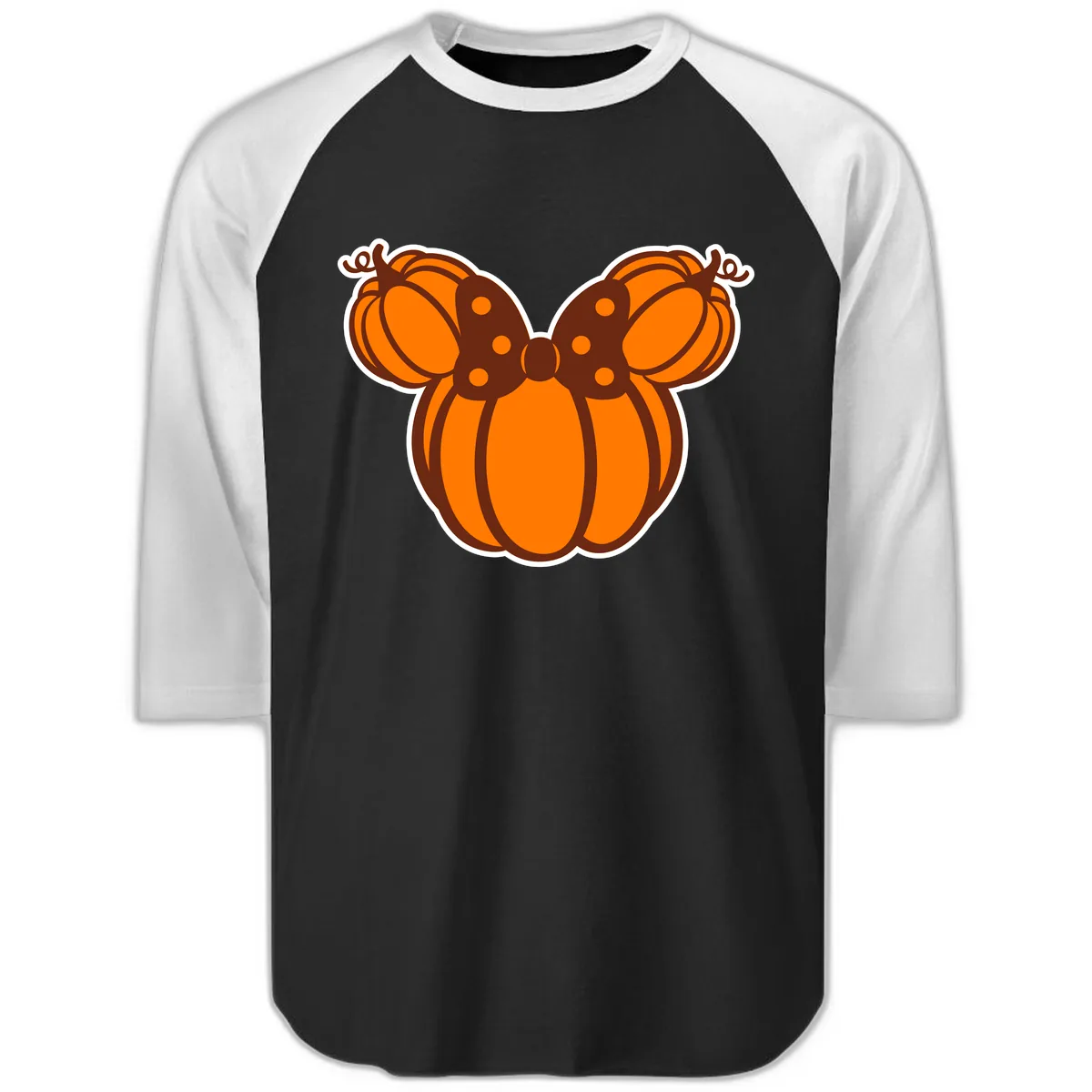 Mickey Pumpkin Bow Halloween Design Raglan 3/4 in Black White