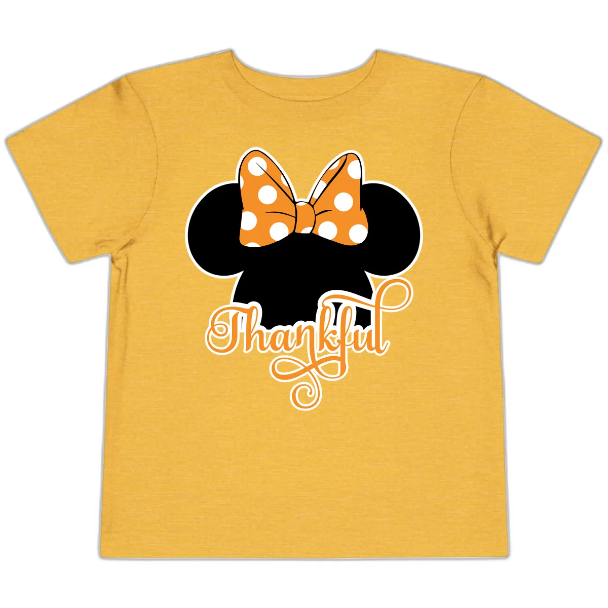 Minnie Thankful Polka Dot Bow Toddler T-Shirt in Heather Yellow Gold