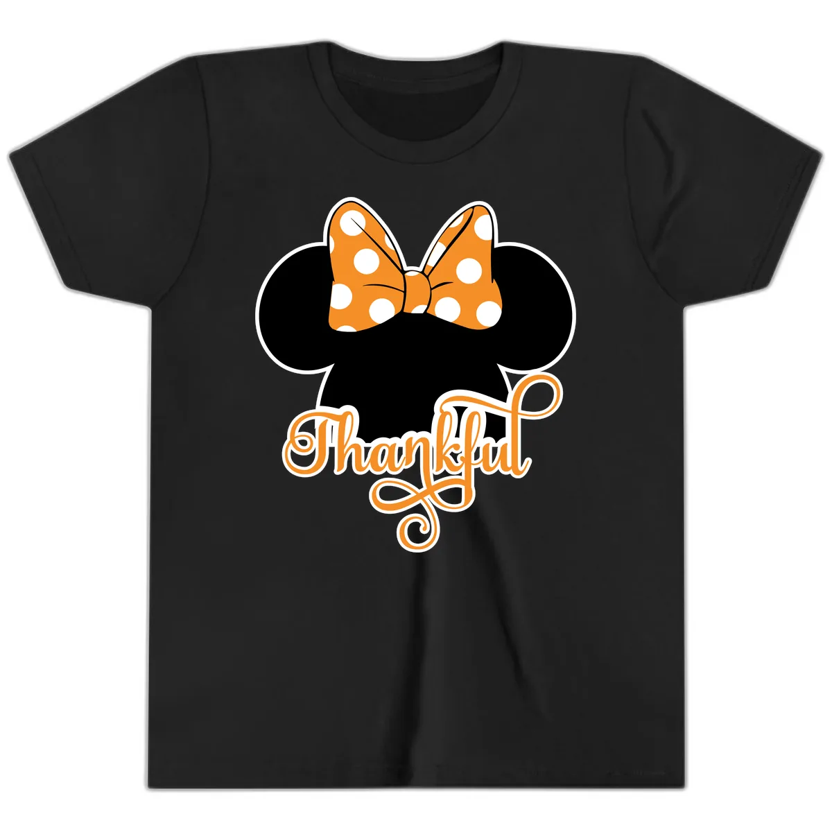 Minnie Thankful Polka Dot Bow Youth T-Shirt in Black