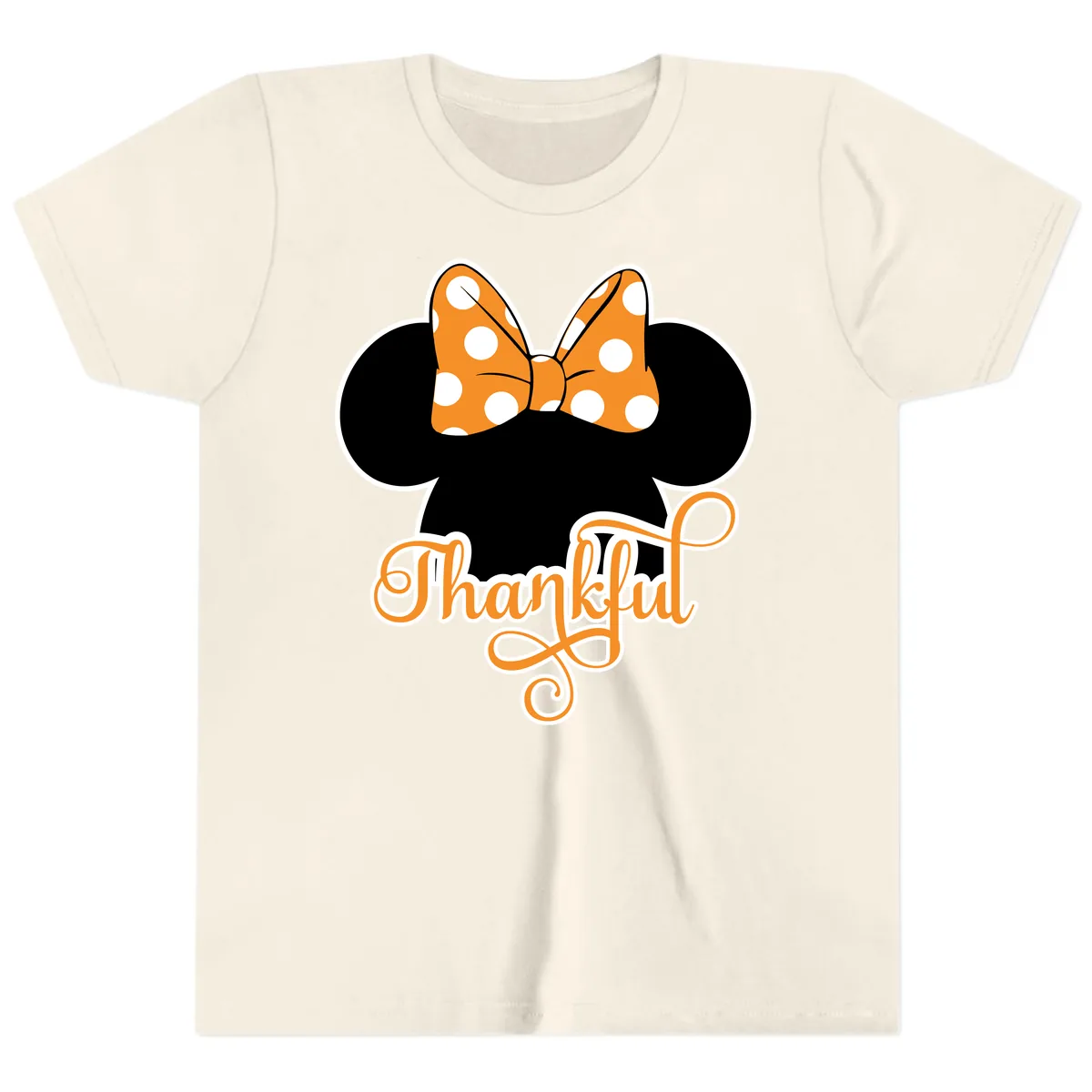 Minnie Thankful Polka Dot Bow Youth T-Shirt in Natural