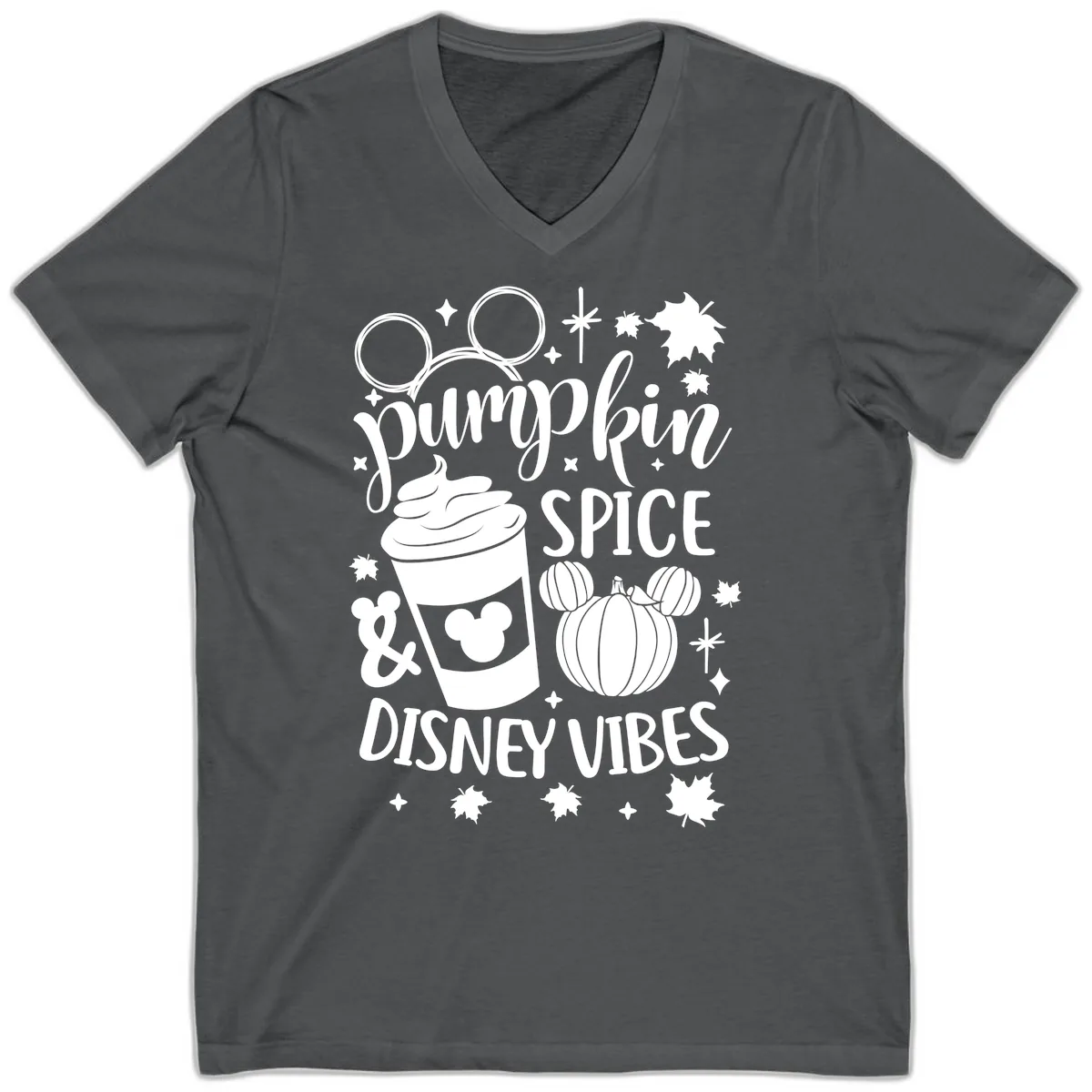 Pumpkin Spice Disney Vibes V-Neck in Asphalt