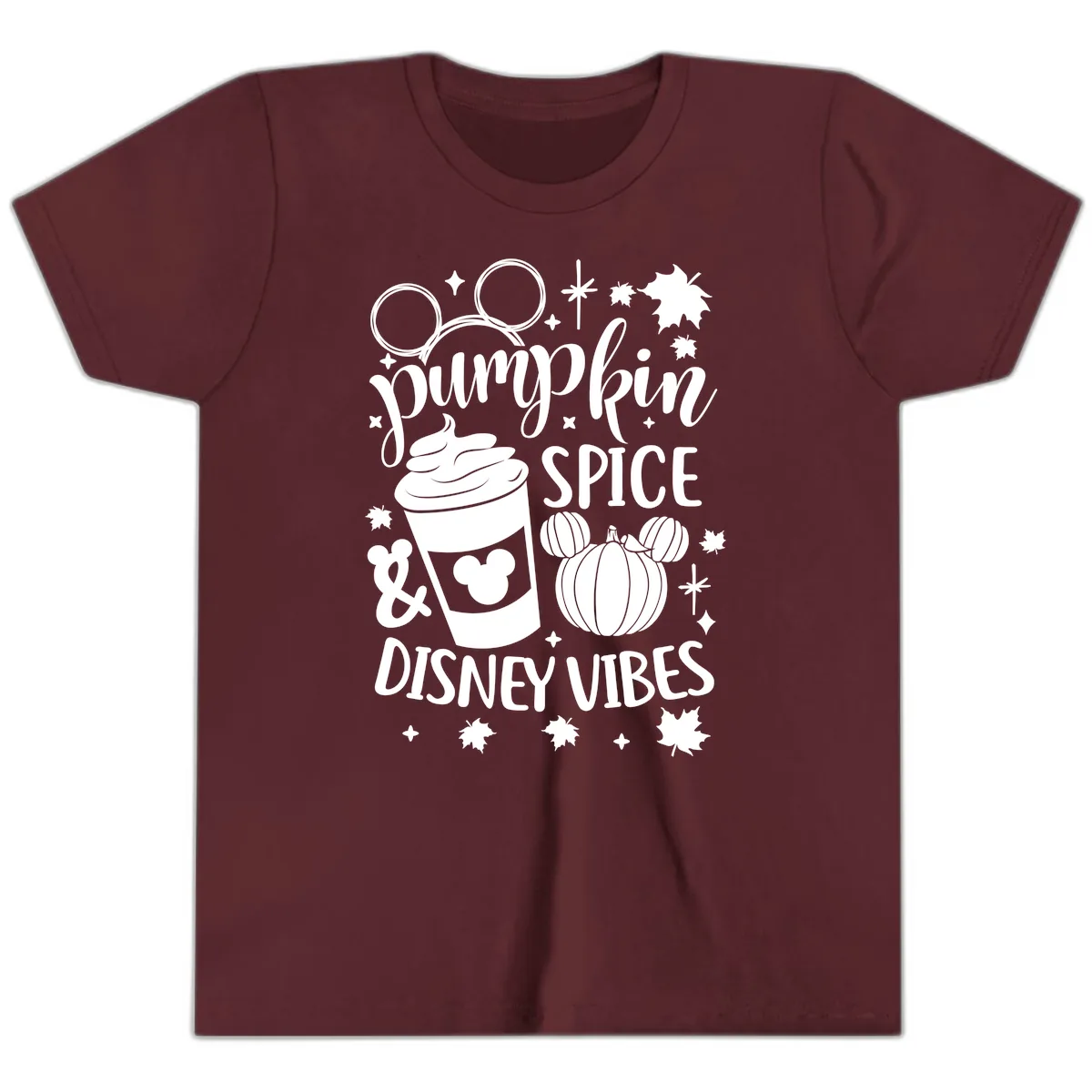 Pumpkin Spice Disney Vibes Youth T-Shirt in Maroon