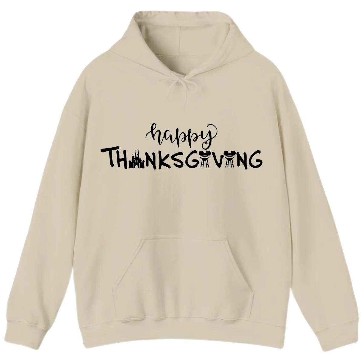 Happy Thanksgiving Castle And Castle Text Hoodie in Sand
