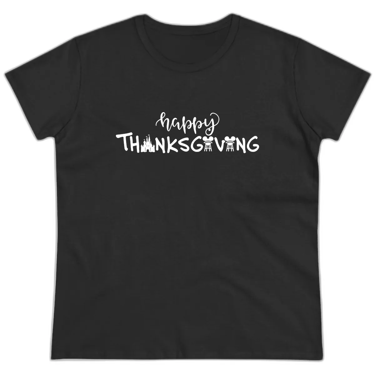Happy Thanksgiving Castle And Castle Text Ladies Tee in Black