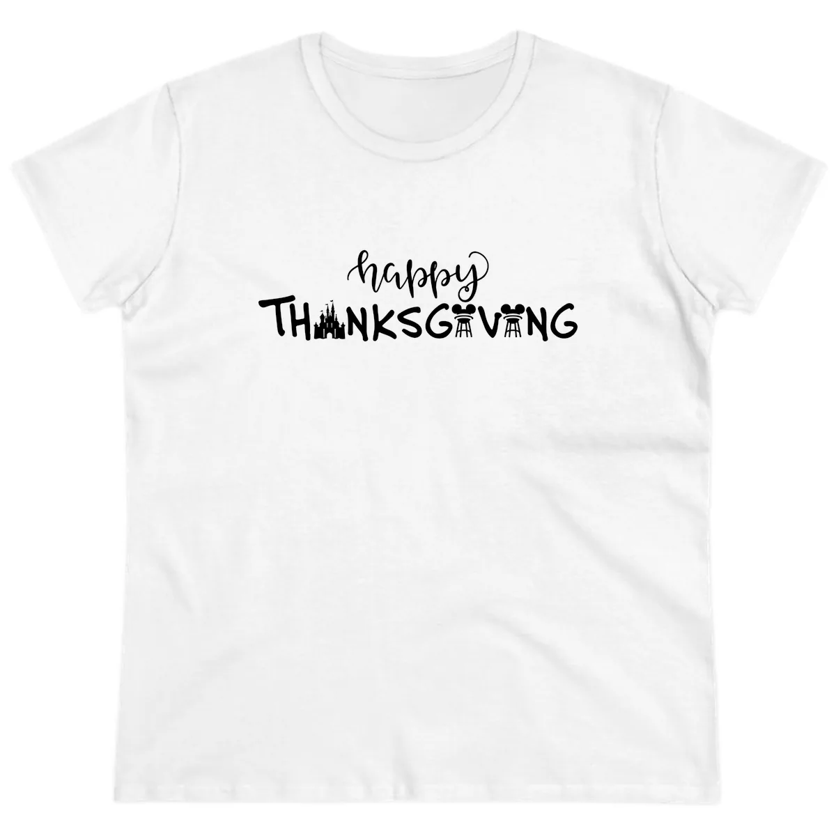 Happy Thanksgiving Castle And Castle Text Ladies Tee in White