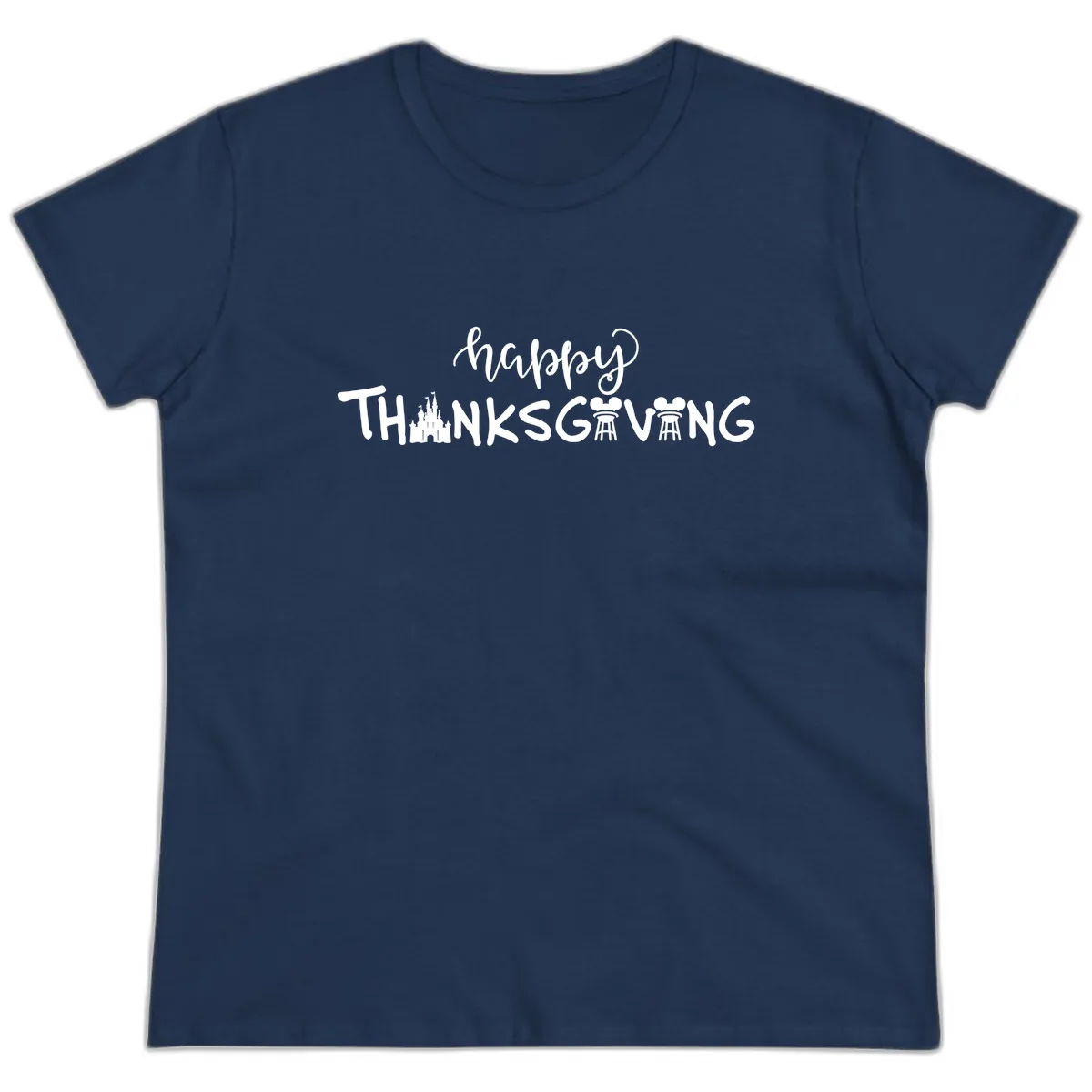 Happy Thanksgiving Castle And Castle Text Ladies Tee in Navy