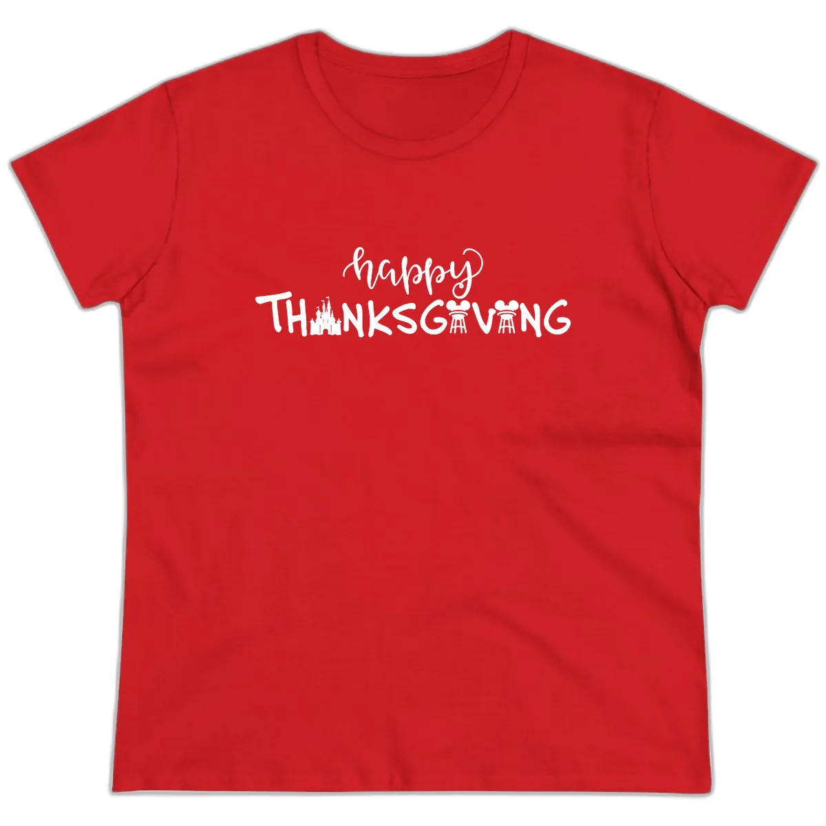 Happy Thanksgiving Castle And Castle Text Ladies Tee in Red